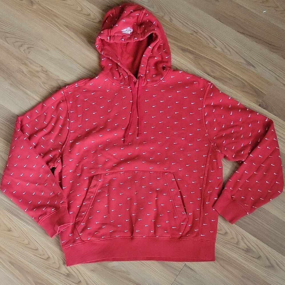 Nike Red Hoodie Pullover Sweatshirt w/ White Allover Swoosh Print Athleisure M